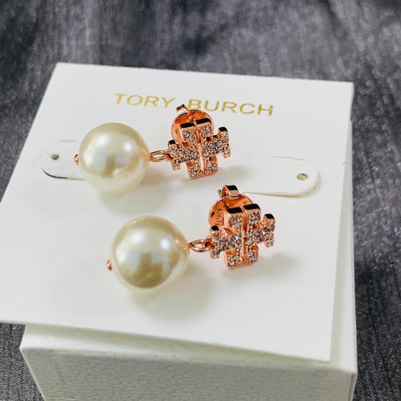 Tory Burch Earrings Crystal Logo & Simulated Pearl Drop Earrings Rose Gold - Picture 3 of 13